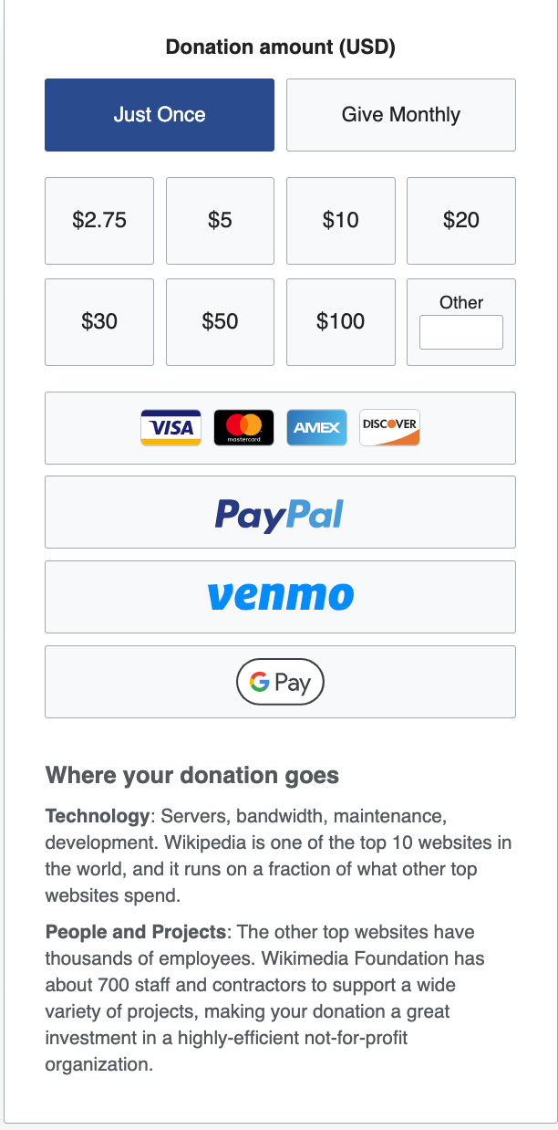 This is an image of a payment interface for Wikimedia.
