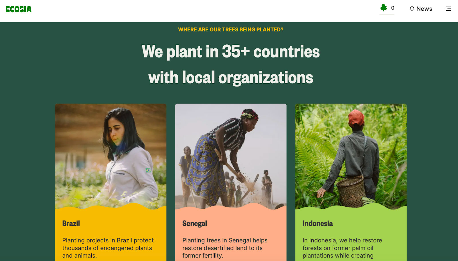 This is a screenshot of the landing page for search engine Ecosia.