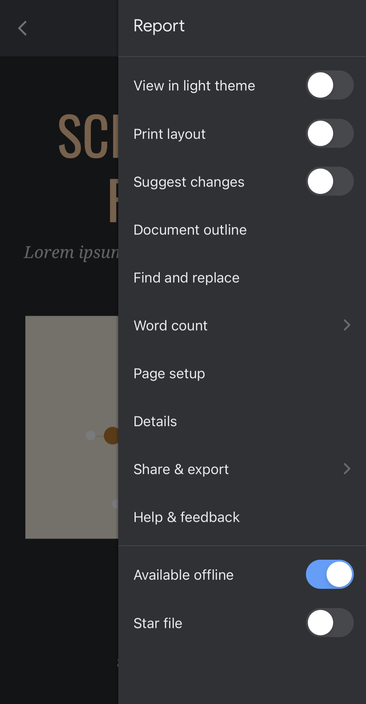 Screenshot of GoogleDocs dark mode option.