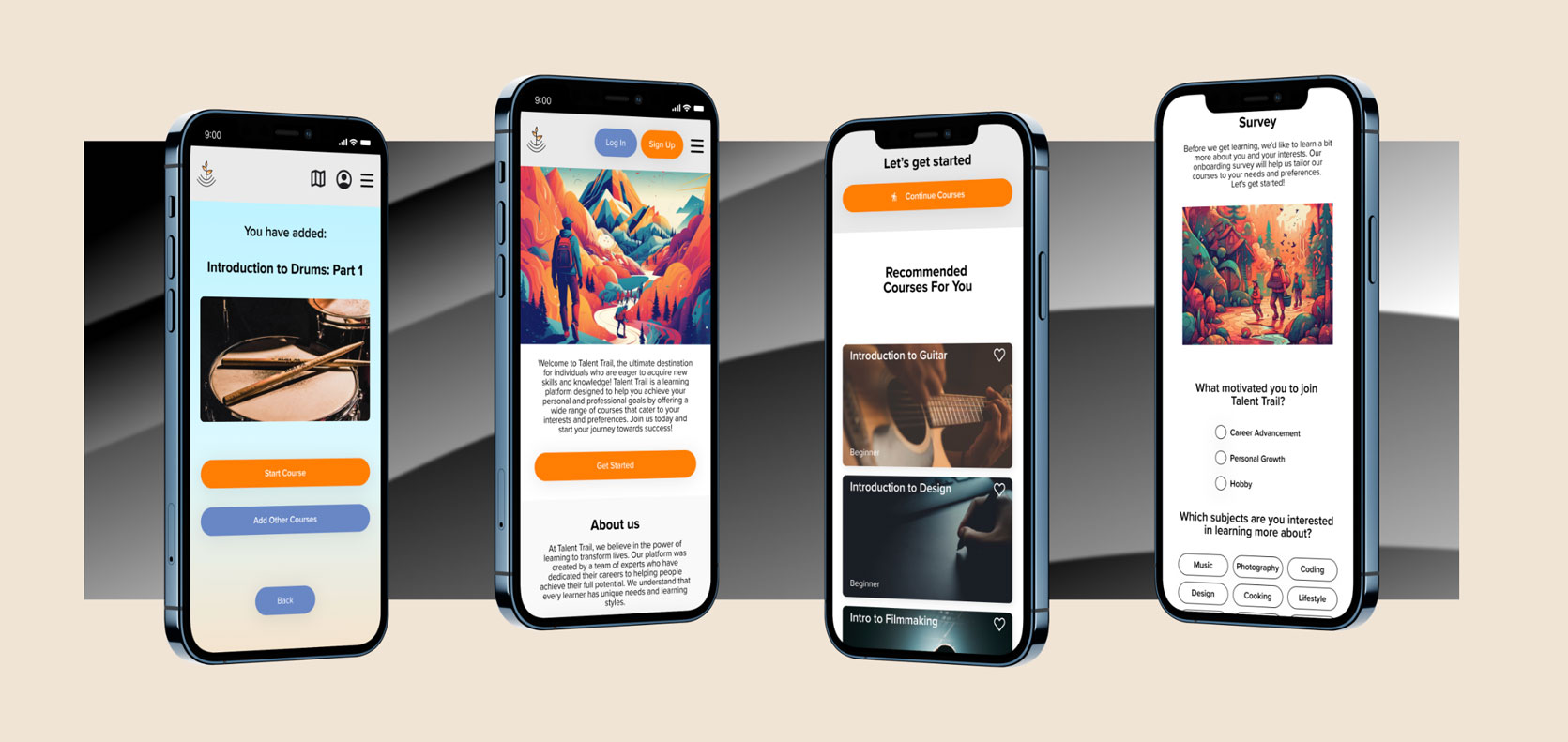 Screenshots of mobile app for skill learning.