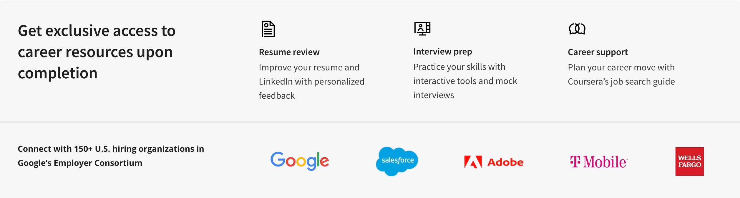 Screenshot of career support info for the Google UX Certificate through Coursera.