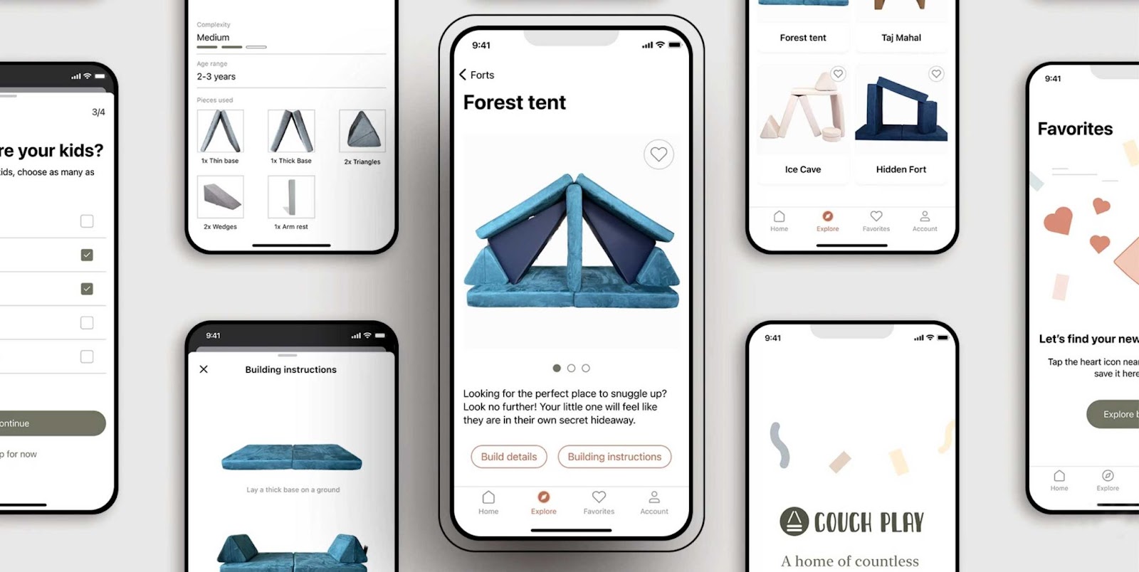 Mobile screens from a UX project designed around an app for children's play.