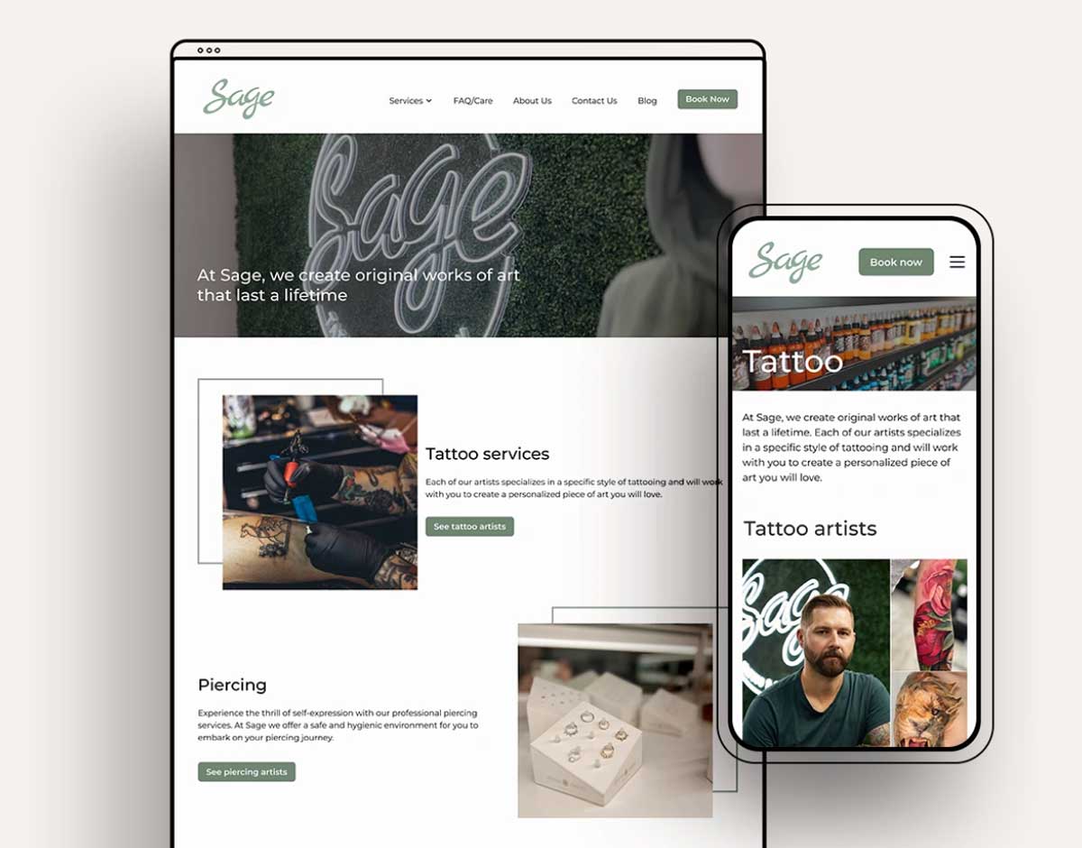 Screenshot of a responsive design project for a tattoo shop.