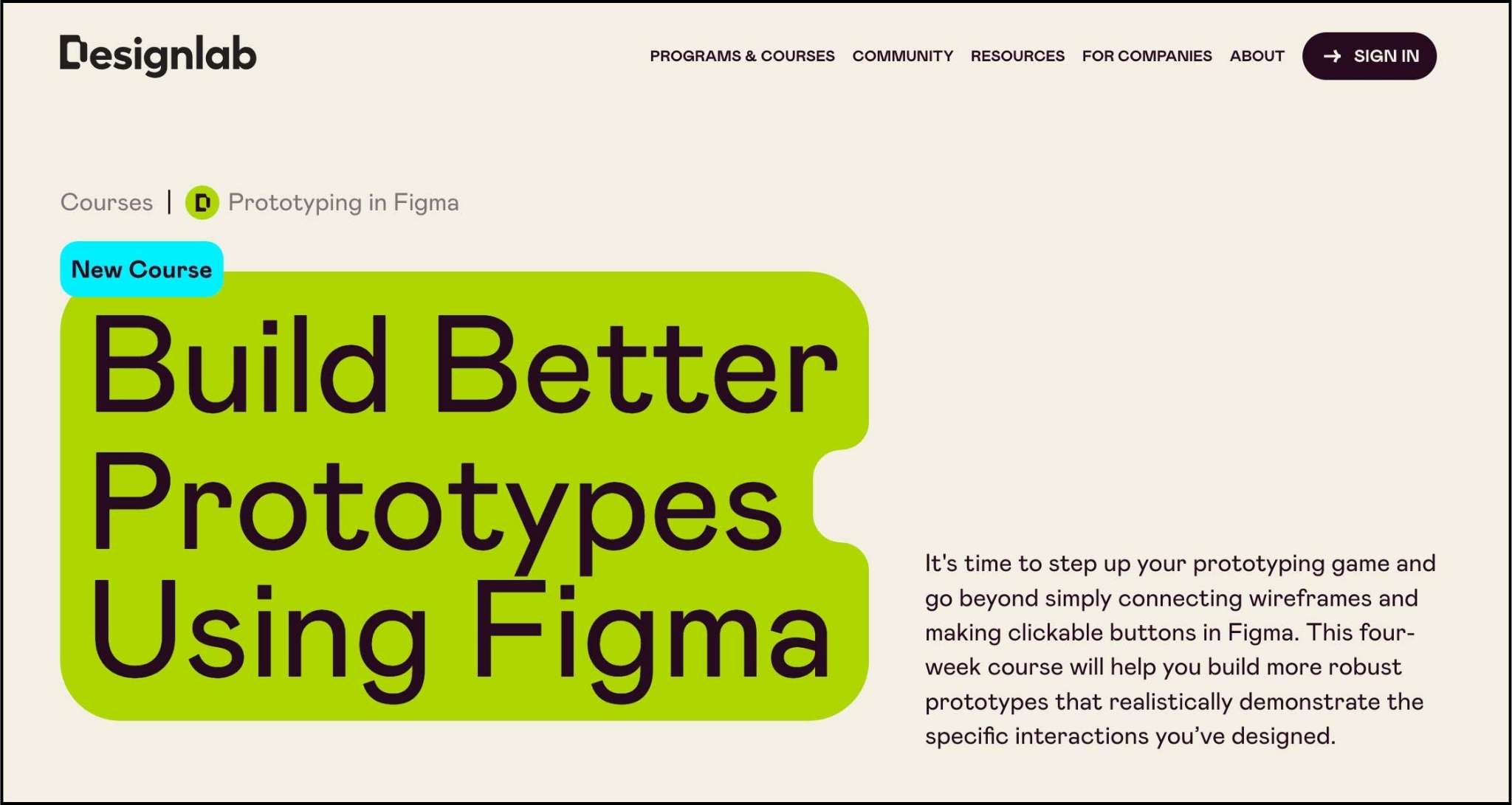 Screenshot of the landing page for Designlab's Prototyping in Figma course.