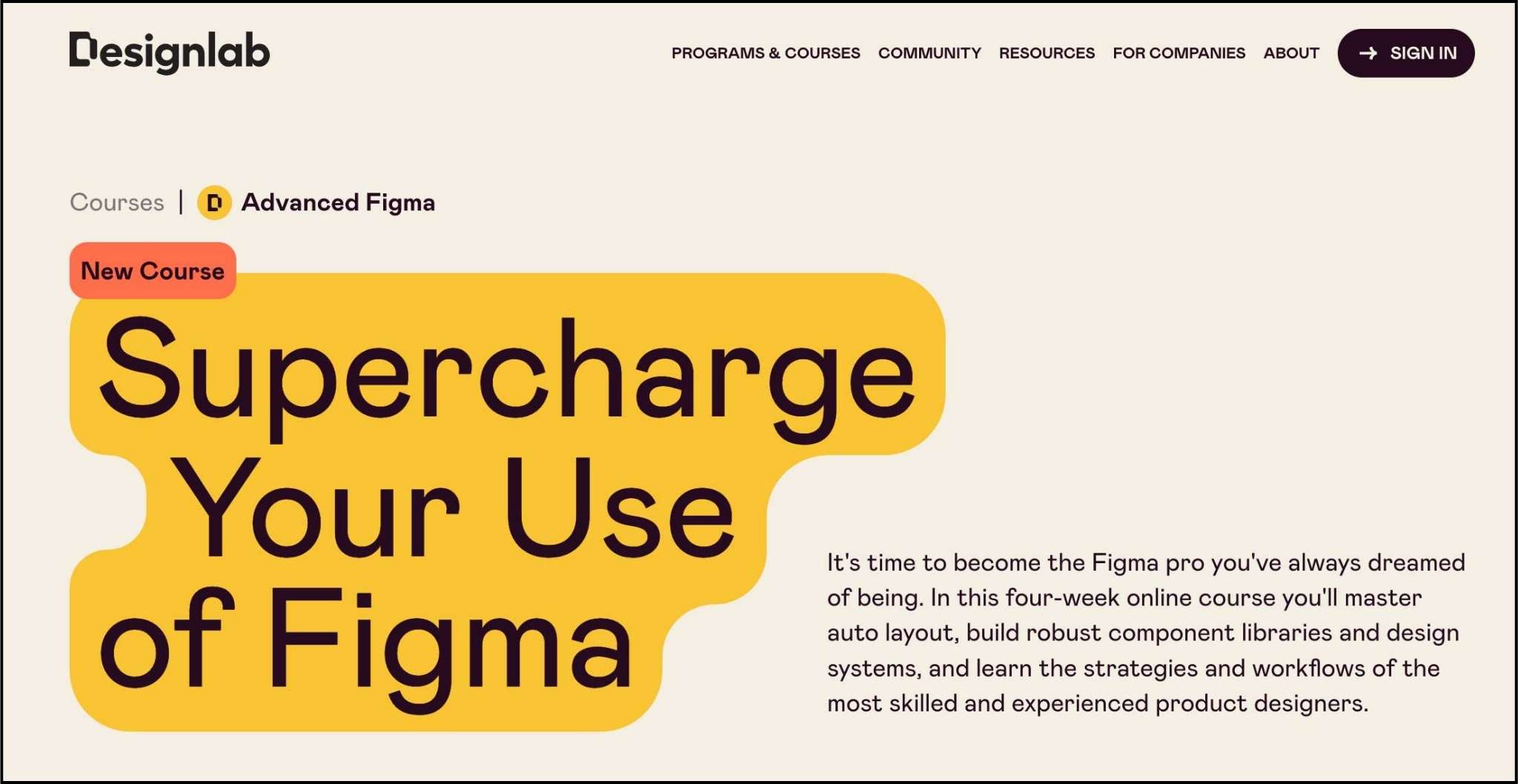 Screenshot of the landing page for Designlab's Advanced Figma course.