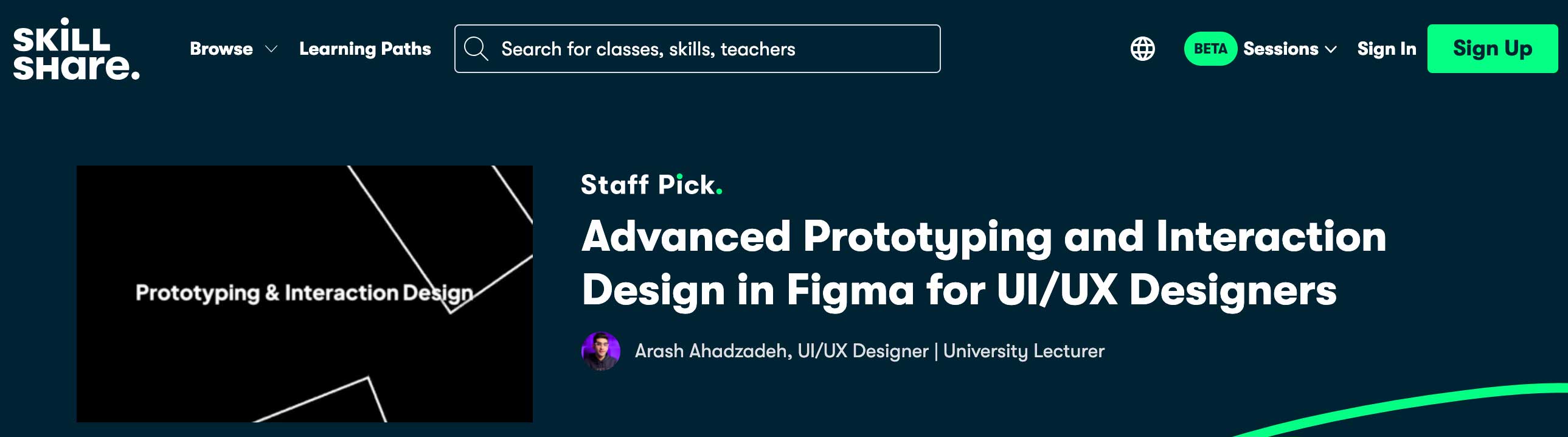 Landing page for Advanced Prototyping and Interaction Design by Skillshare.