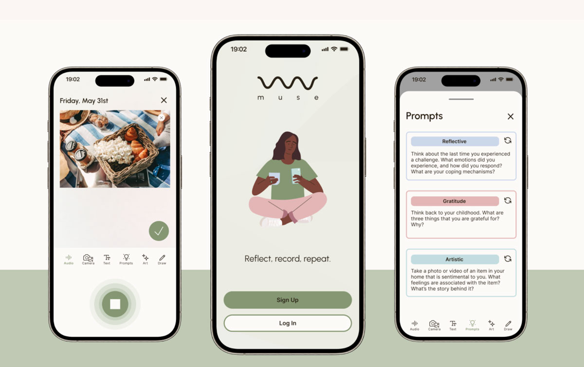 Screens from a mobile app for wellness and journaling.