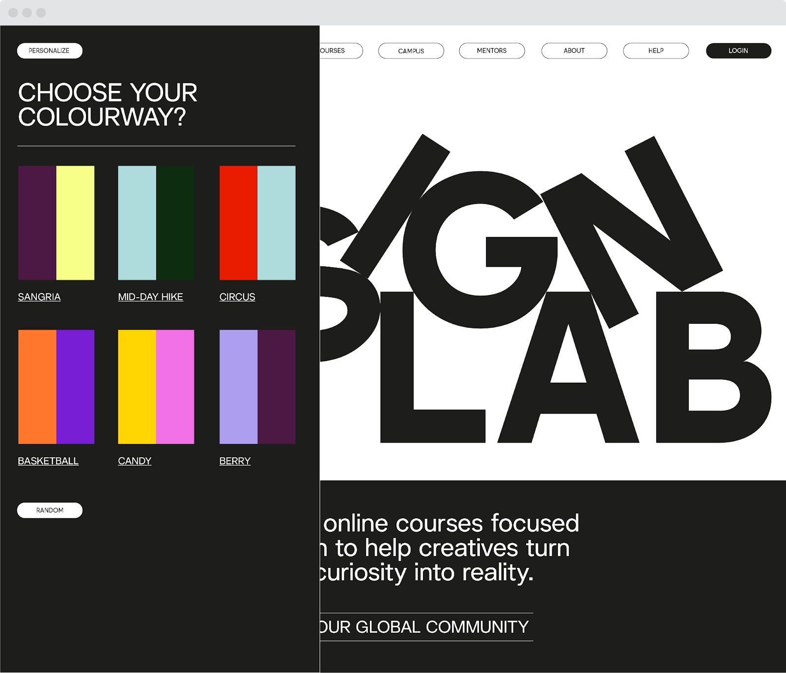 Potential brand direction where users can select their own site colorways