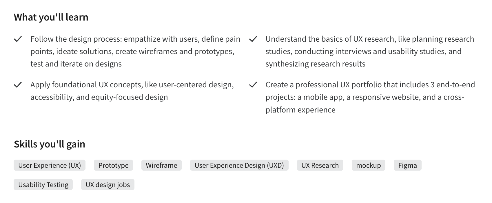 Screenshot of information about the Google UX Certificate through Coursera.