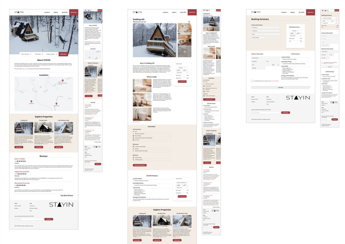 Screens for a responsive UX project for a travel and lodging website.
